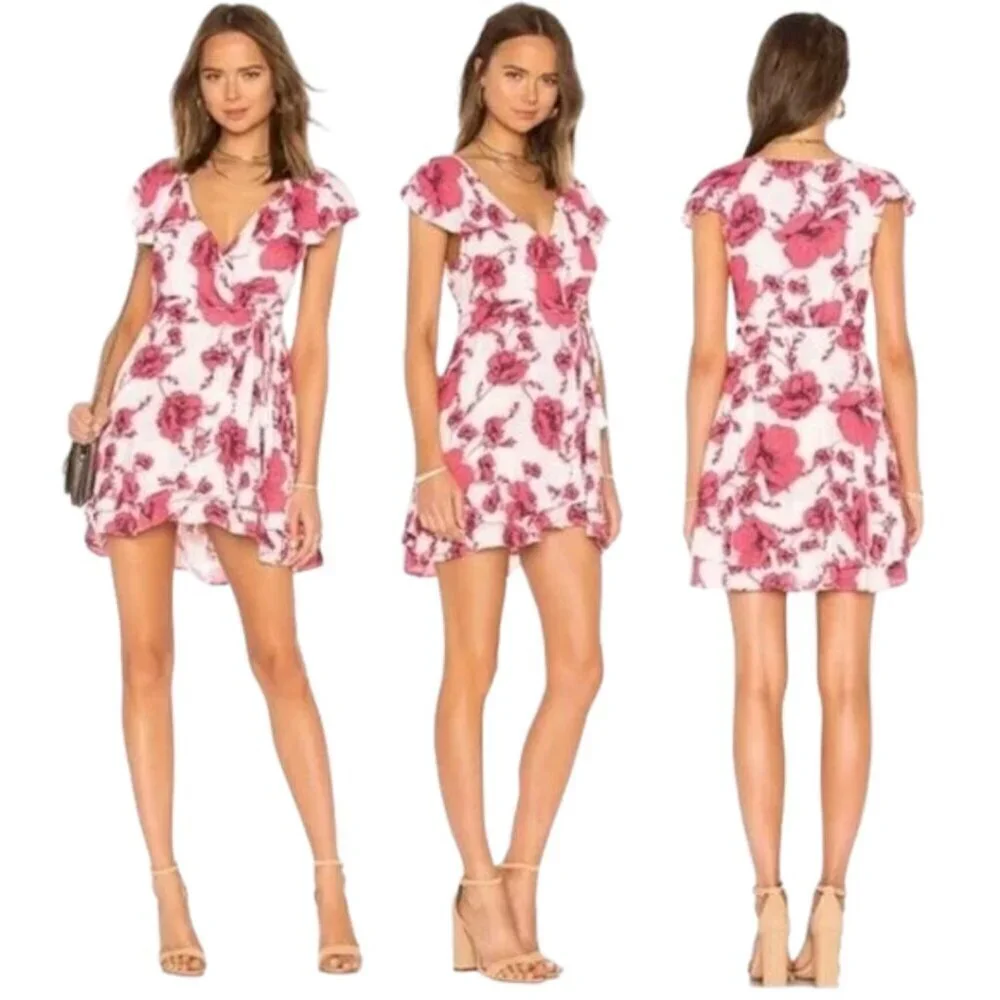 Free People French Quarter Floral Wrap Mini Dress Women's XS White Pink Ruffles